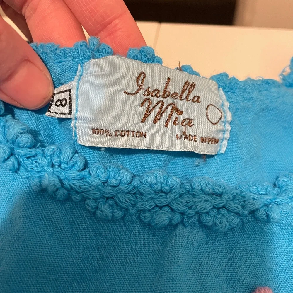 Isabella Mia Cotton Sundress Embroidered Flowers Bees Blue Size 8 Floral Peru